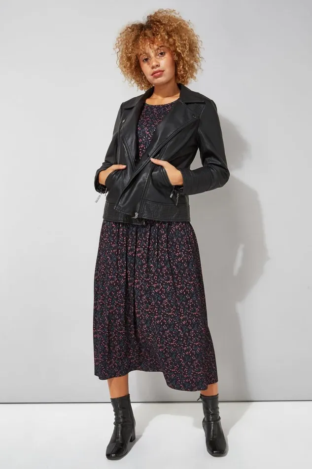 Black Ditsy Print 34 Sleeve Midi Dress Women Roman Dresses