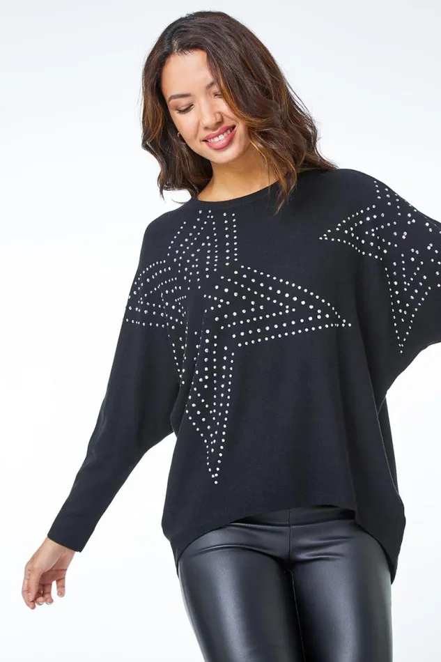 Black Embellished Star Batwing Jumper Women Roman Knitwear