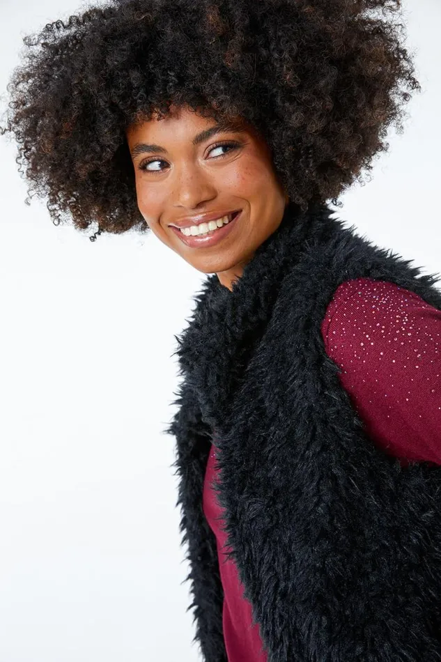 Black Faux Fur Fluffy Gilet Women Roman Jackets