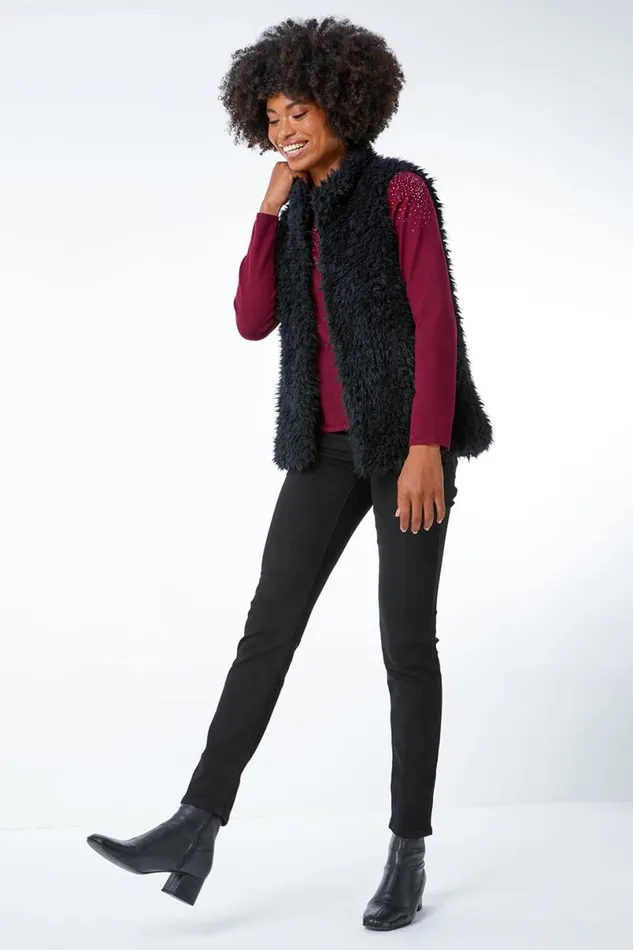 Black Faux Fur Fluffy Gilet Women Roman Jackets