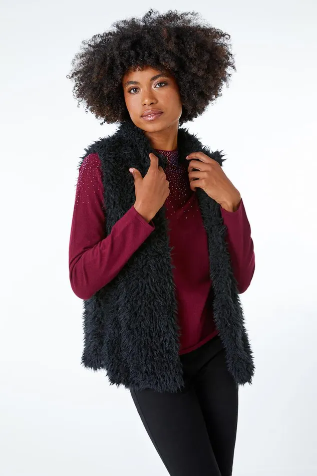 Black Faux Fur Fluffy Gilet Women Roman Jackets