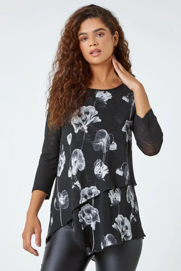 Black Floral Print Asymmetric Stretch Top Women Roman Tops