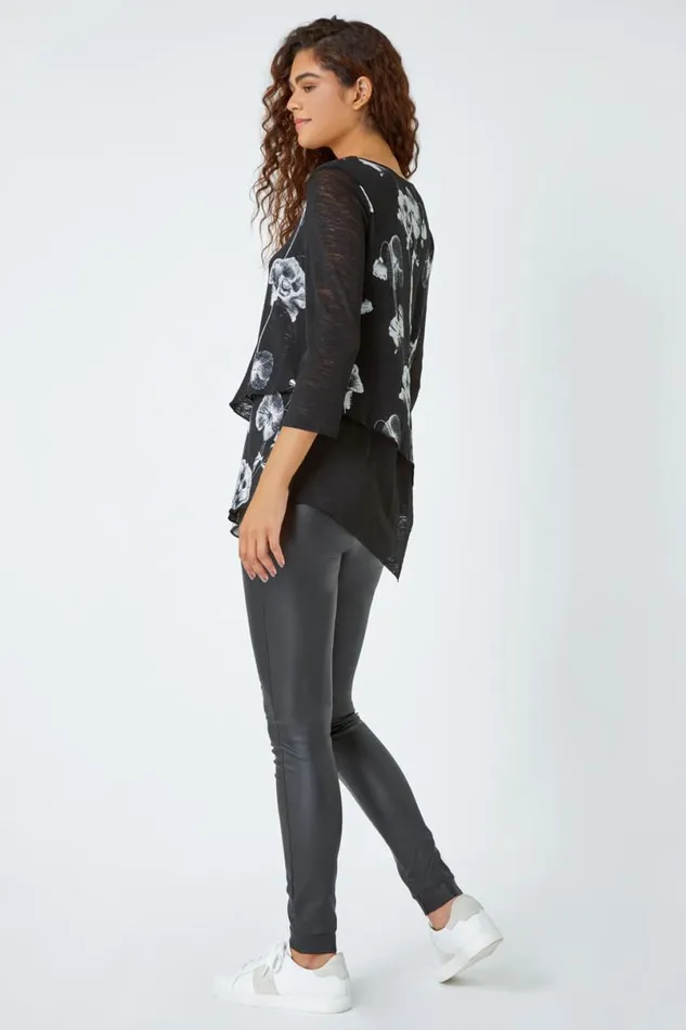 Black Floral Print Asymmetric Stretch Top Women Roman Tops