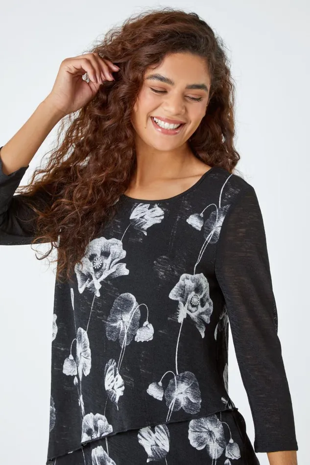 Black Floral Print Asymmetric Stretch Top Women Roman Tops
