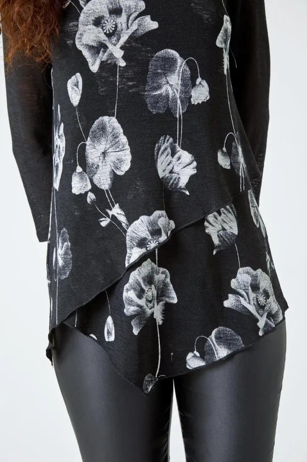 Black Floral Print Asymmetric Stretch Top Women Roman Tops