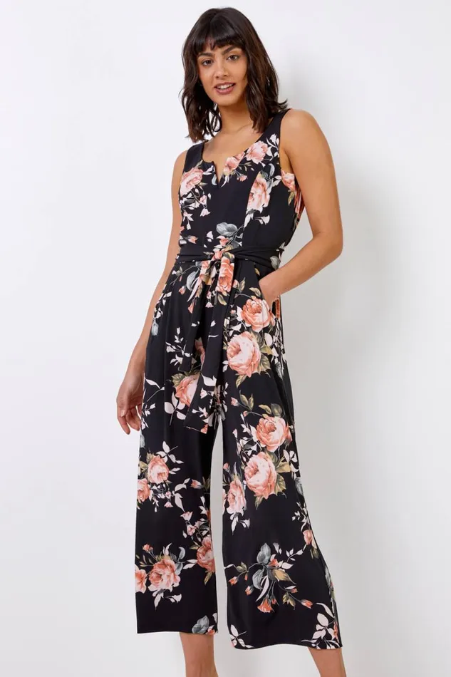 Black Floral Print Cropped Leg Jumpsuit Women Roman Dresses