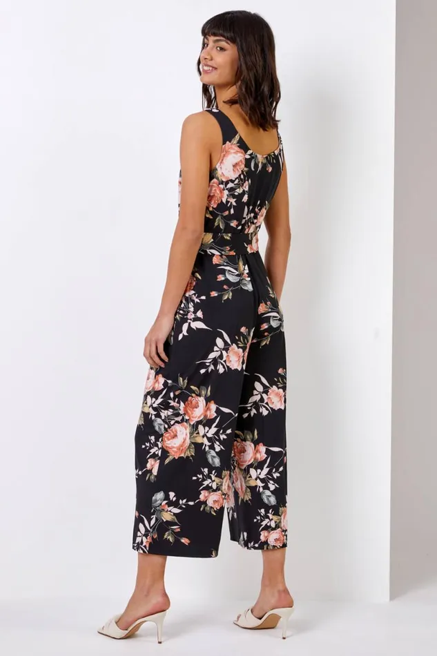 Black Floral Print Cropped Leg Jumpsuit Women Roman Dresses