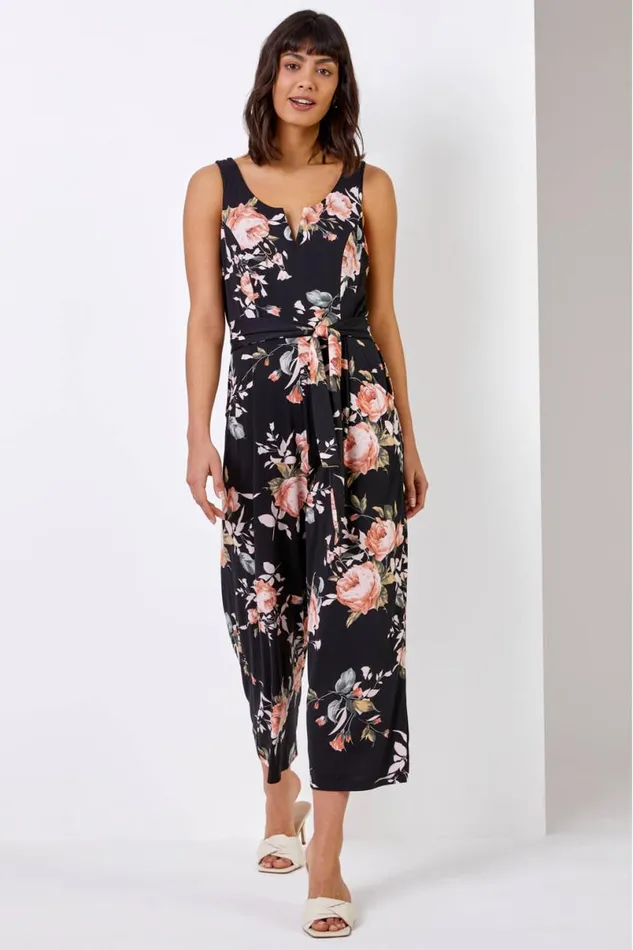 Black Floral Print Cropped Leg Jumpsuit Women Roman Dresses