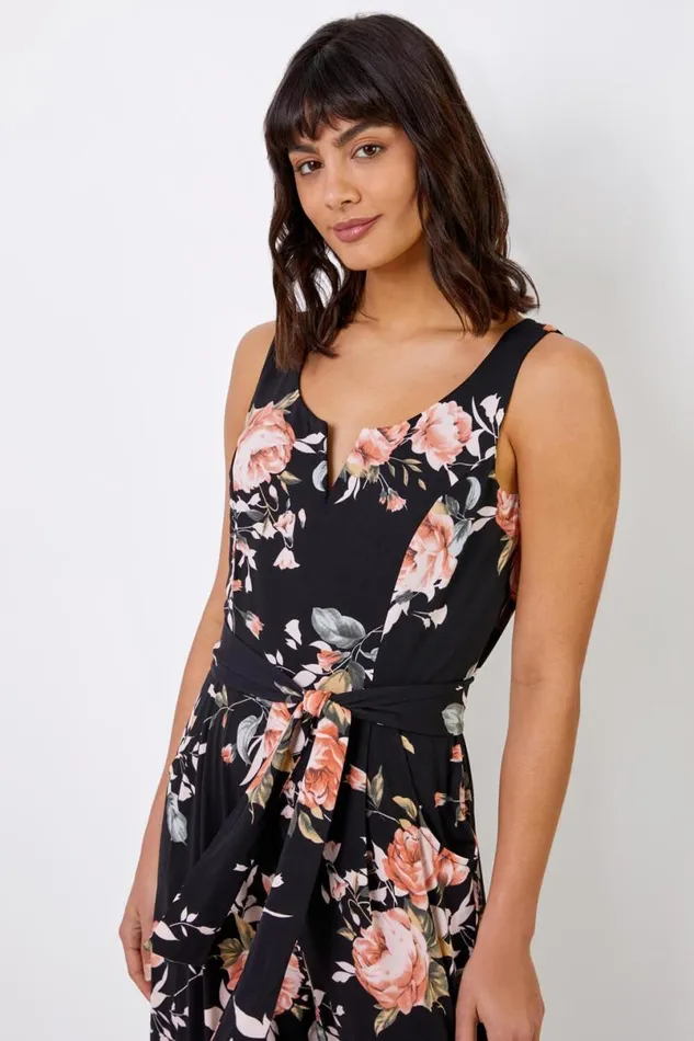 Black Floral Print Cropped Leg Jumpsuit Women Roman Dresses
