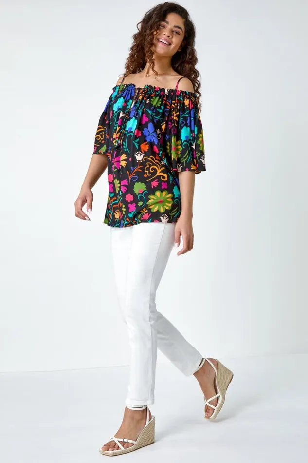Black Floral Tie Detail Bardot Top Women Roman Tops