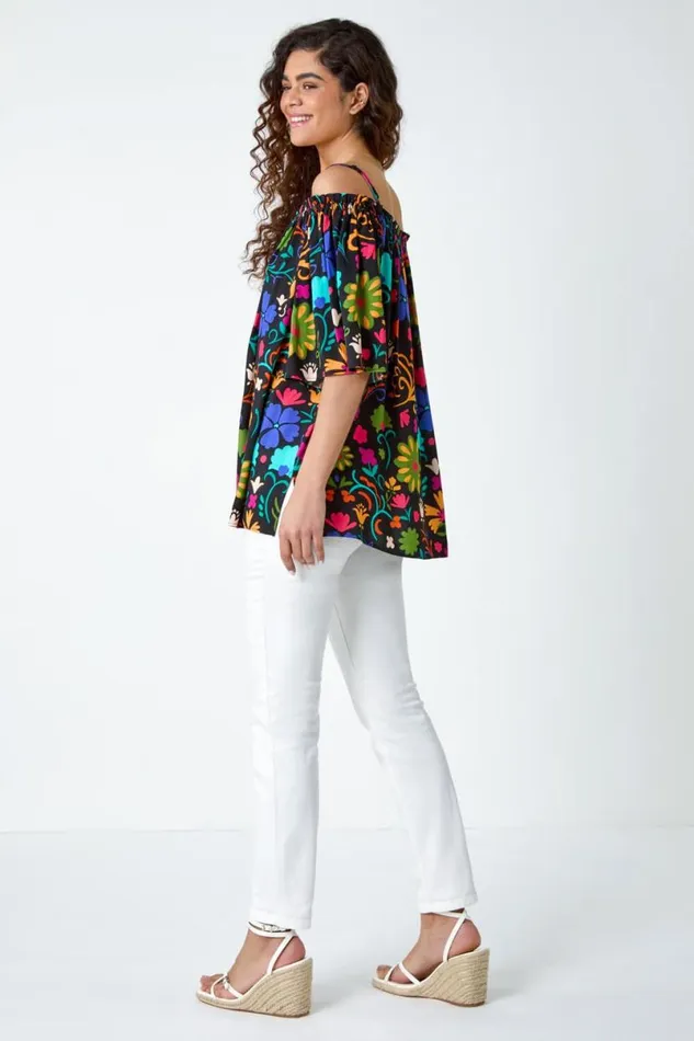 Black Floral Tie Detail Bardot Top Women Roman Tops