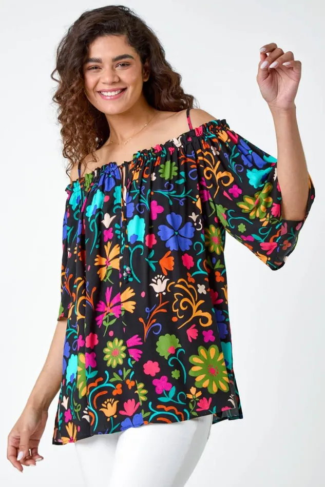 Black Floral Tie Detail Bardot Top Women Roman Tops
