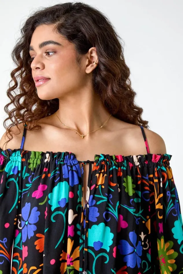 Black Floral Tie Detail Bardot Top Women Roman Tops