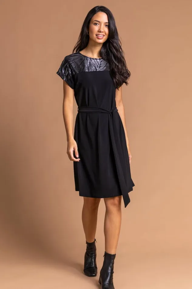Black Foil Print Contrast Yoke Skater Dress Women Roman Dresses