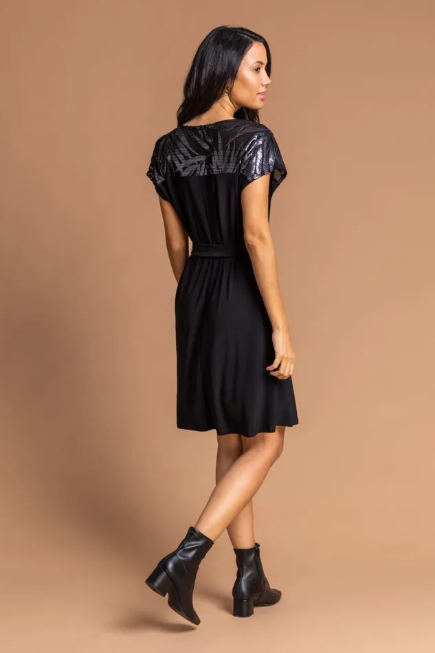 Black Foil Print Contrast Yoke Skater Dress Women Roman Dresses