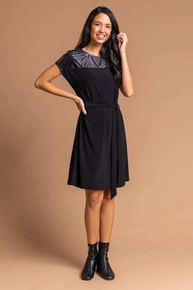 Black Foil Print Contrast Yoke Skater Dress Women Roman Dresses