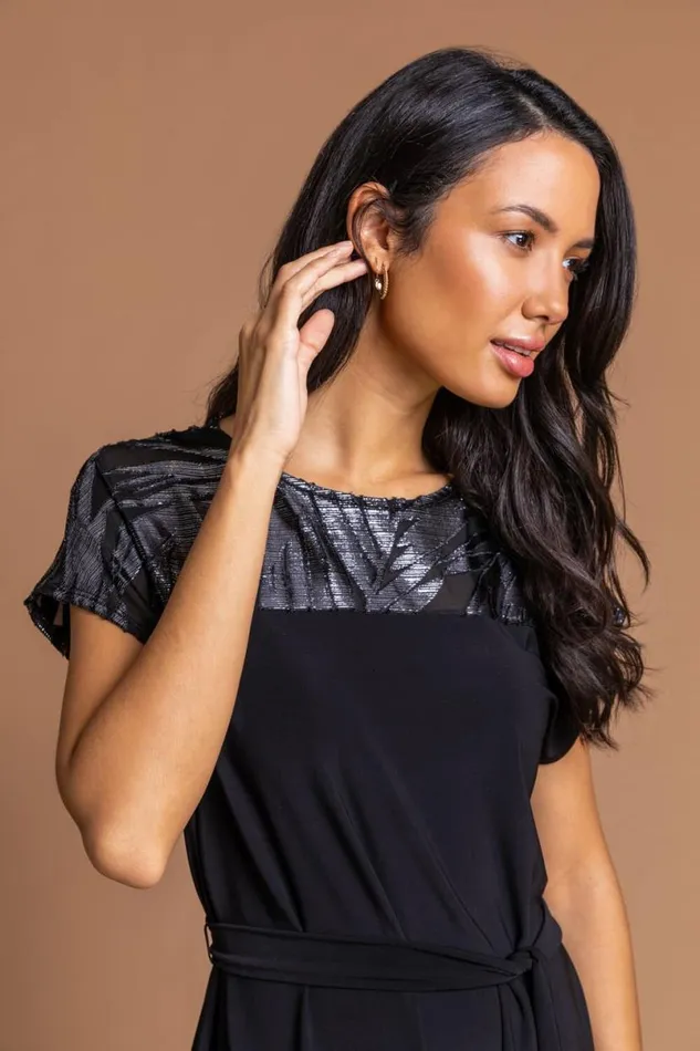 Black Foil Print Contrast Yoke Skater Dress Women Roman Dresses