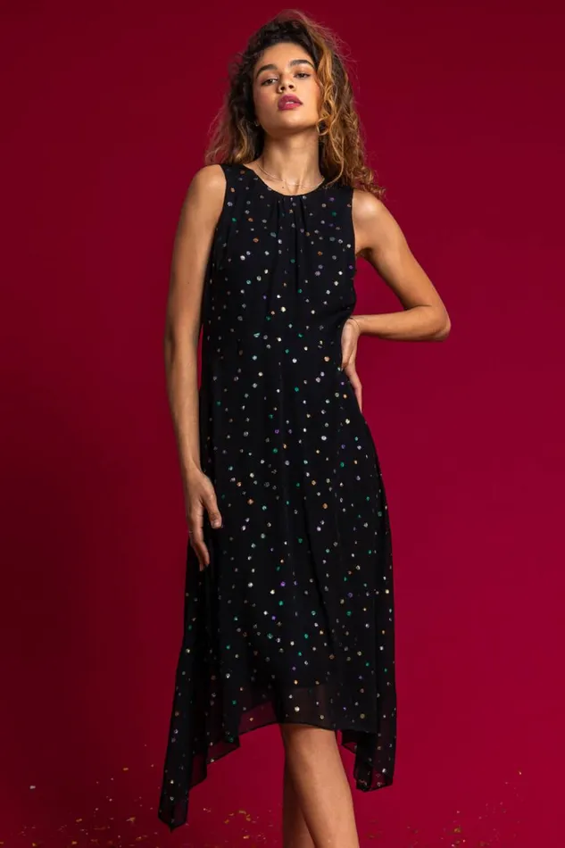Black Foil Spot Hanky Hem Asymmetric Dress Women Roman Dresses