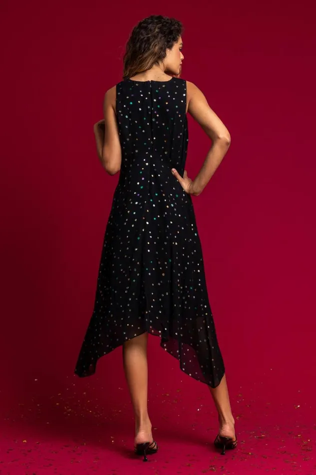 Black Foil Spot Hanky Hem Asymmetric Dress Women Roman Dresses