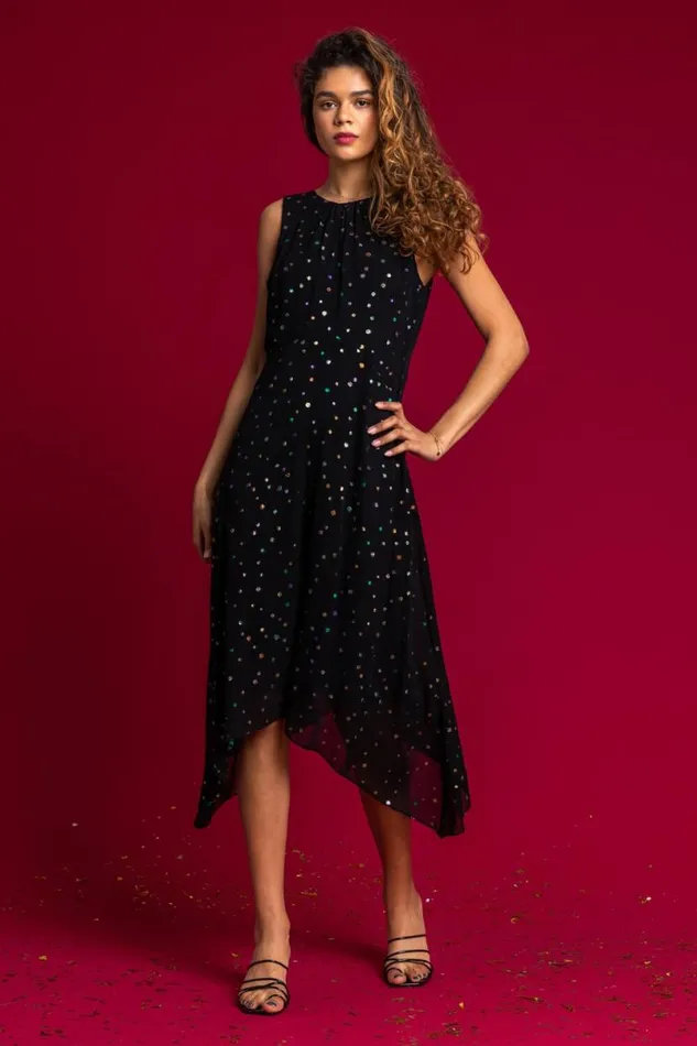 Black Foil Spot Hanky Hem Asymmetric Dress Women Roman Dresses