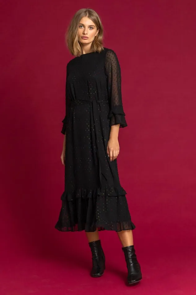Black Foil Spot Print Frill Dress Women Roman Dresses
