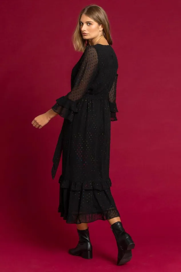 Black Foil Spot Print Frill Dress Women Roman Dresses