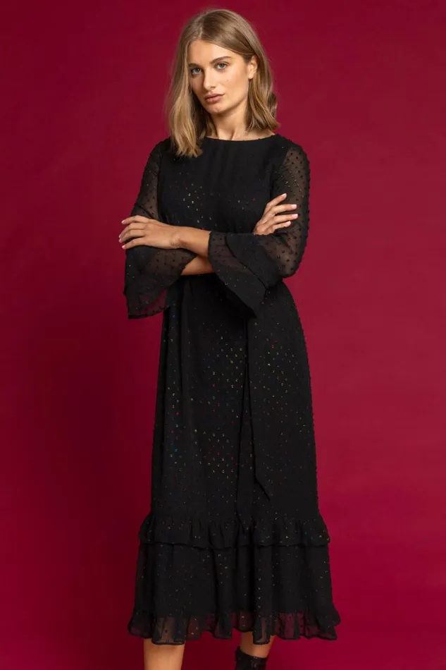 Black Foil Spot Print Frill Dress Women Roman Dresses