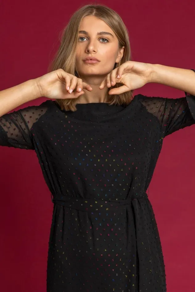 Black Foil Spot Print Frill Dress Women Roman Dresses