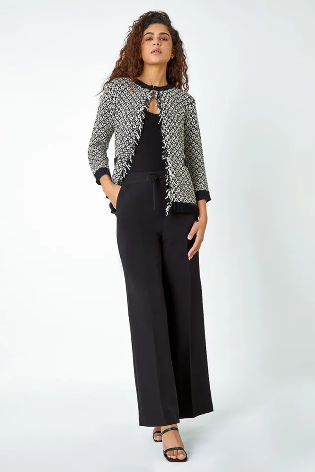 Black Frayed Edge Patch Pocket Knit Cardigan Women Roman Knitwear