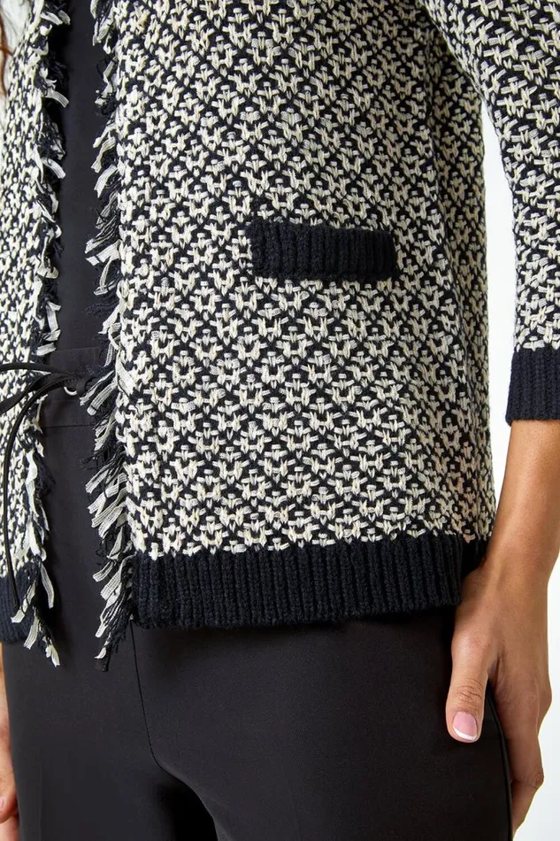 Black Frayed Edge Patch Pocket Knit Cardigan Women Roman Knitwear