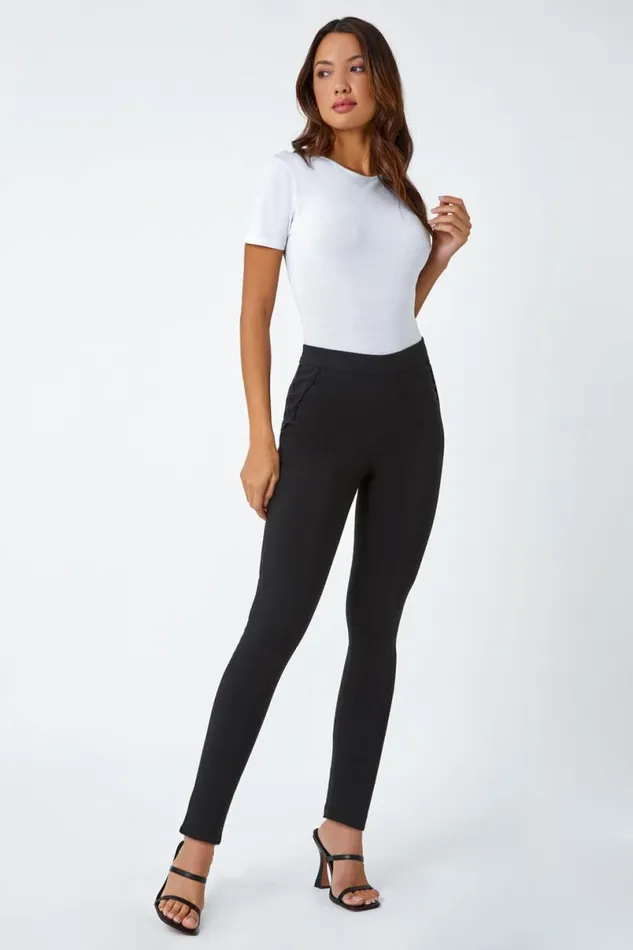 Black Full Length Mock Pocket Stretch Trouser Women Roman Occasionwear