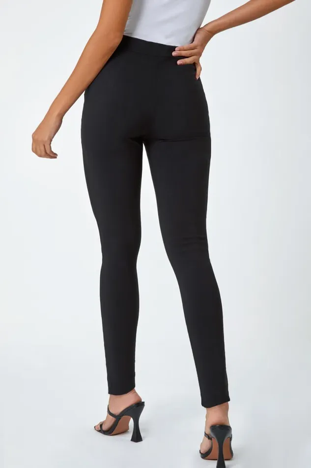 Black Full Length Mock Pocket Stretch Trouser Women Roman Occasionwear