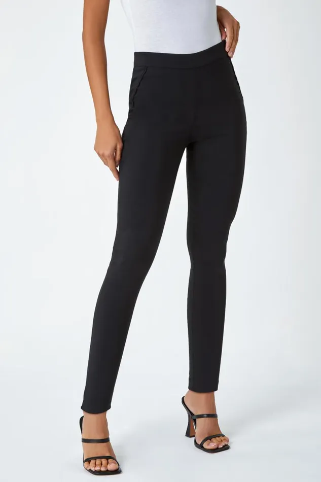 Black Full Length Mock Pocket Stretch Trouser Women Roman Occasionwear