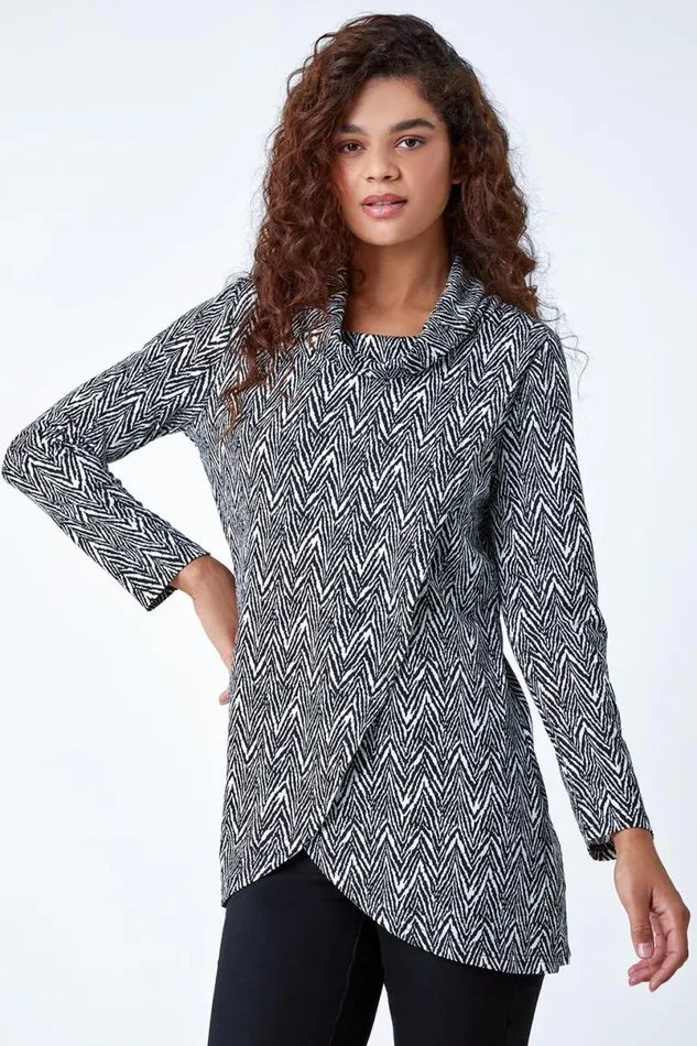 Black Geo Print Wrap Front Cowl Neck Stretch Top Women Roman Tops