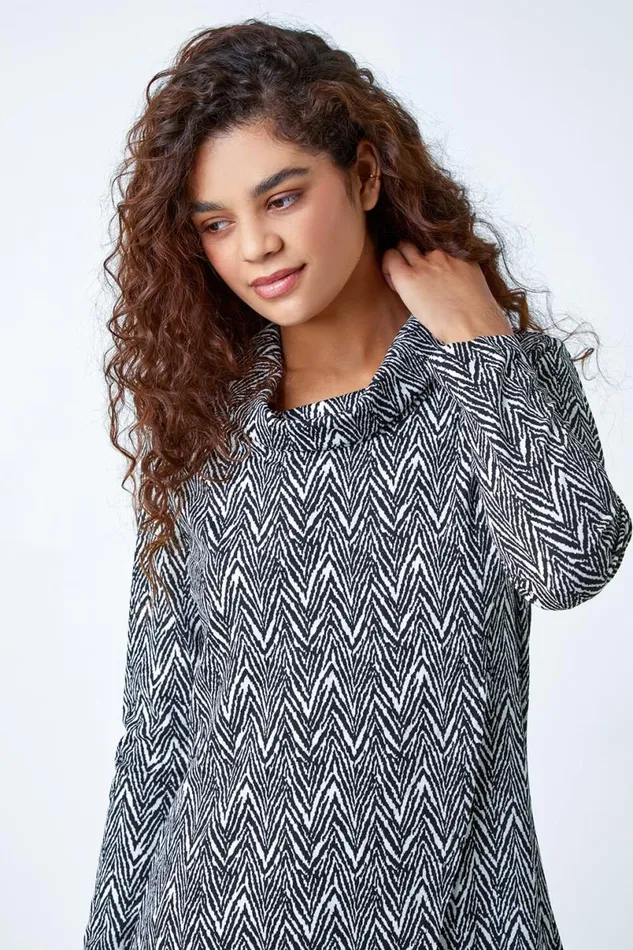Black Geo Print Wrap Front Cowl Neck Stretch Top Women Roman Tops
