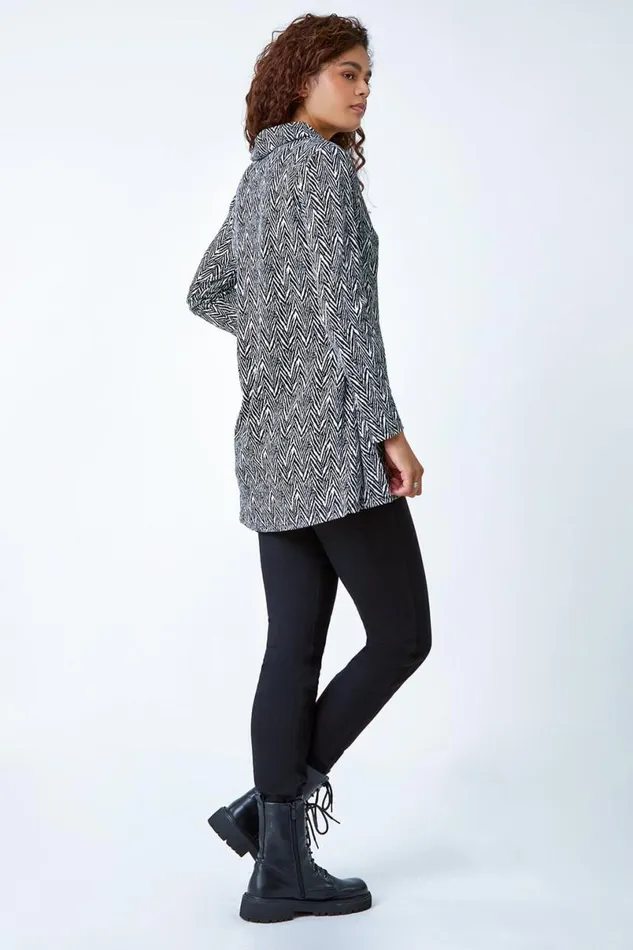 Black Geo Print Wrap Front Cowl Neck Stretch Top Women Roman Tops