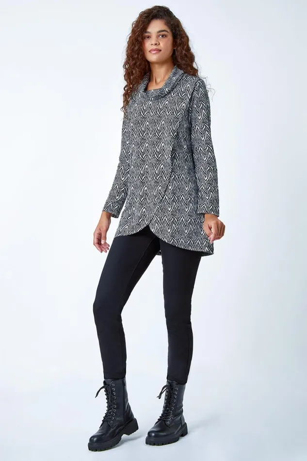 Black Geo Print Wrap Front Cowl Neck Stretch Top Women Roman Tops