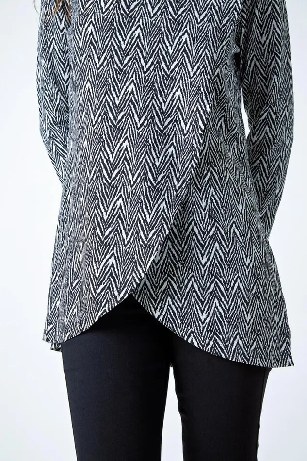 Black Geo Print Wrap Front Cowl Neck Stretch Top Women Roman Tops