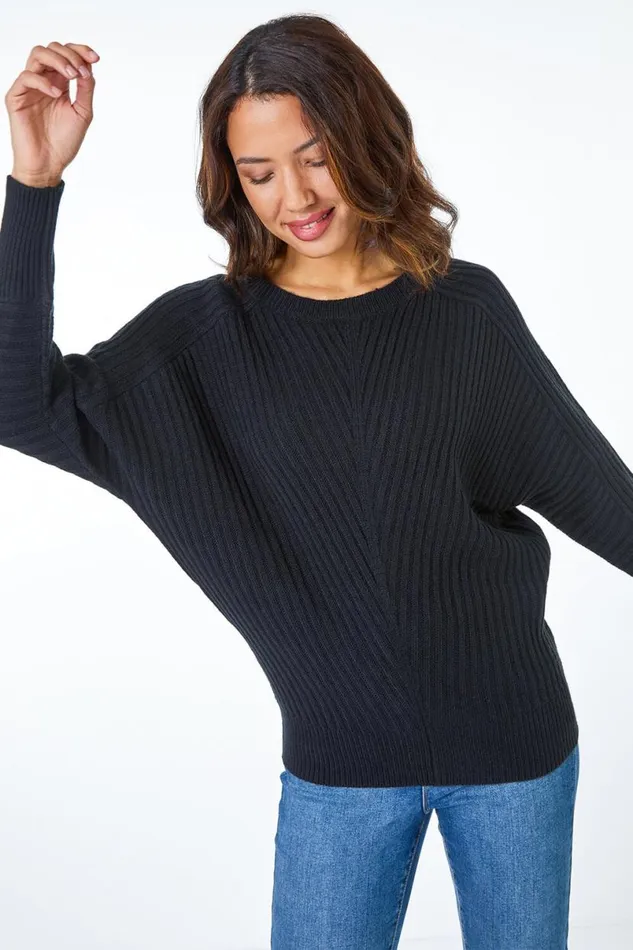 Black Geometric Longline Ribbed Batwing Jumper Women Roman Knitwear