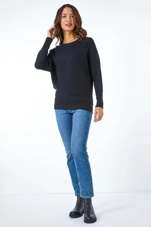 Black Geometric Longline Ribbed Batwing Jumper Women Roman Knitwear