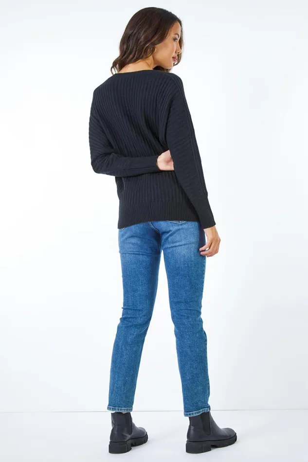 Black Geometric Longline Ribbed Batwing Jumper Women Roman Knitwear