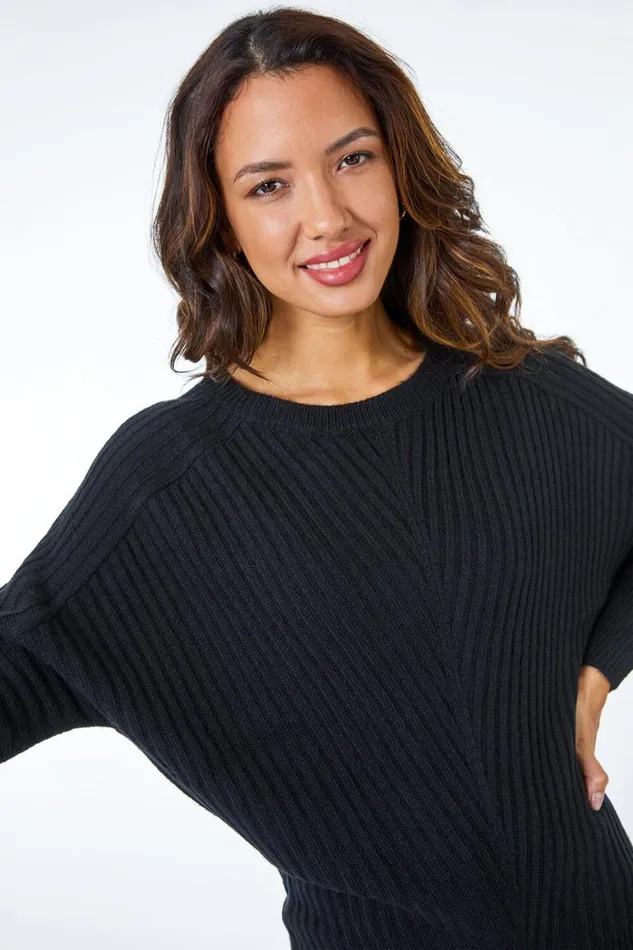 Black Geometric Longline Ribbed Batwing Jumper Women Roman Knitwear