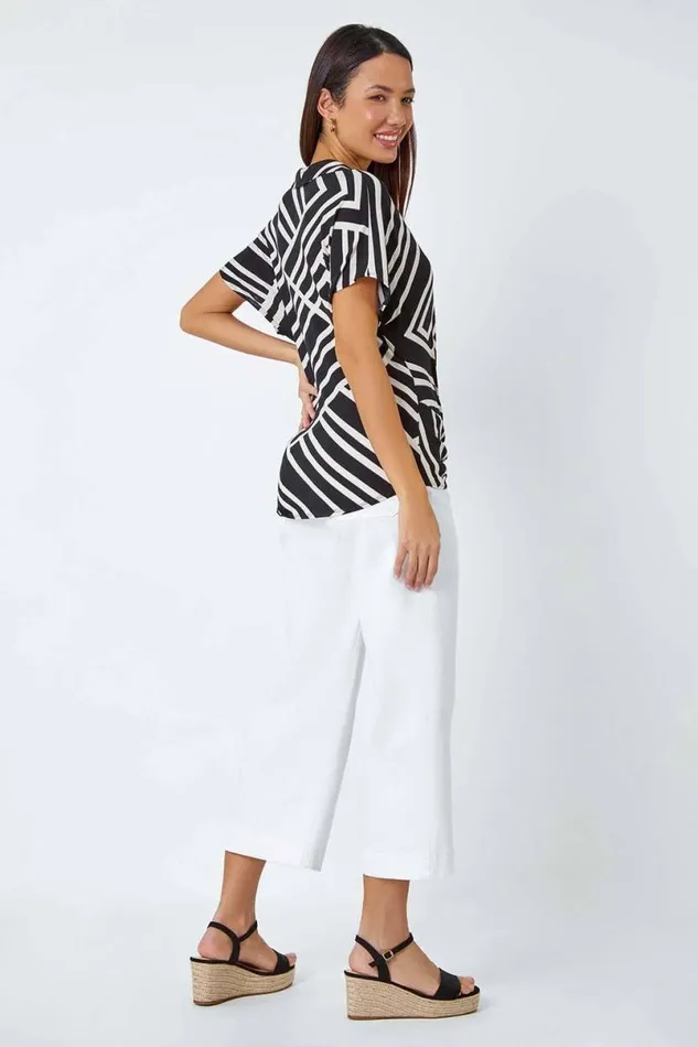 Black Geometric Print Twist VNeck Stretch Top Women Roman Tops