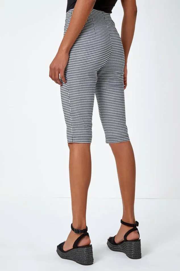Black Knee Length Gingham Elastic Waist Shorts Women Roman Shorts
