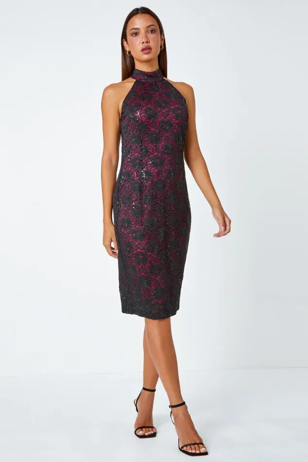Black Lace Halter Neck Stretch Dress Women Roman Dresses