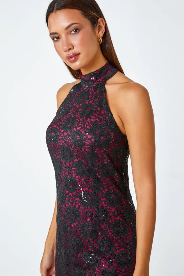 Black Lace Halter Neck Stretch Dress Women Roman Dresses