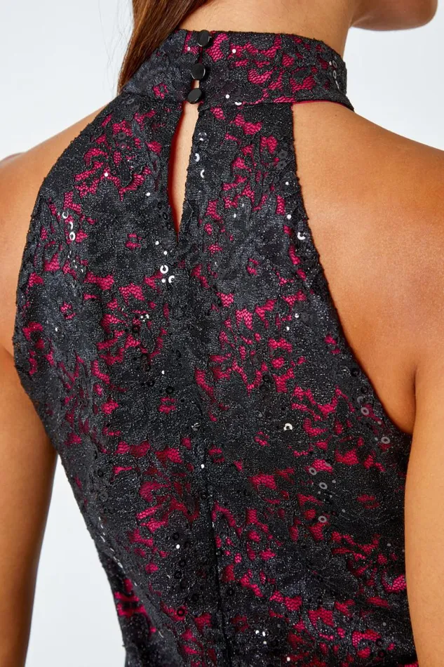Black Lace Halter Neck Stretch Dress Women Roman Dresses