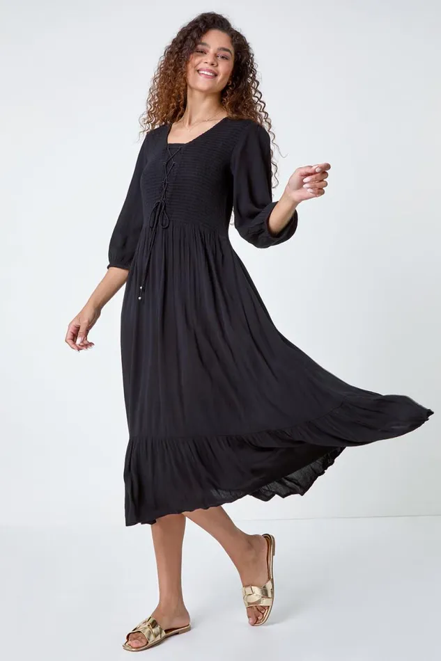 Black Lace Up Shirred Midi Dress Women Roman Dresses