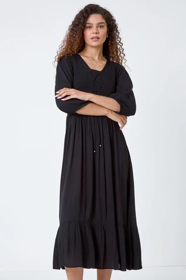 Black Lace Up Shirred Midi Dress Women Roman Dresses