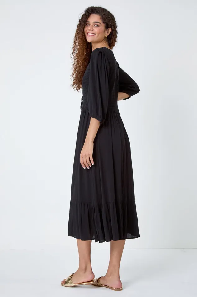 Black Lace Up Shirred Midi Dress Women Roman Dresses